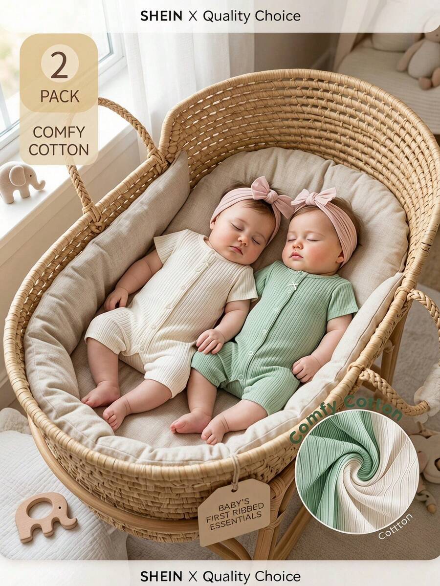 SHEIN Playful Pals 2件組新生女嬰連身衣 可愛蝴蝶結前襟 羅紋短袖連身褲 棉質 - 綠色 - 查看 1