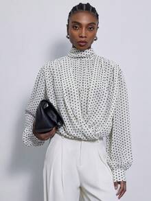 Aveloria Modichic Blusa Feminina de Chiffon com Gola Semi-Alta, Estampa de Poá em Contraste Preto & Branco, Tecido de Chiffon Transparente, Design de Abotoamento Sobreposto, Manga Bufante Solta, Uso Versátil, Blusa Transparente, Marrom Chocolate, Luxo Silencioso, Declaração - Branco - Visão 3