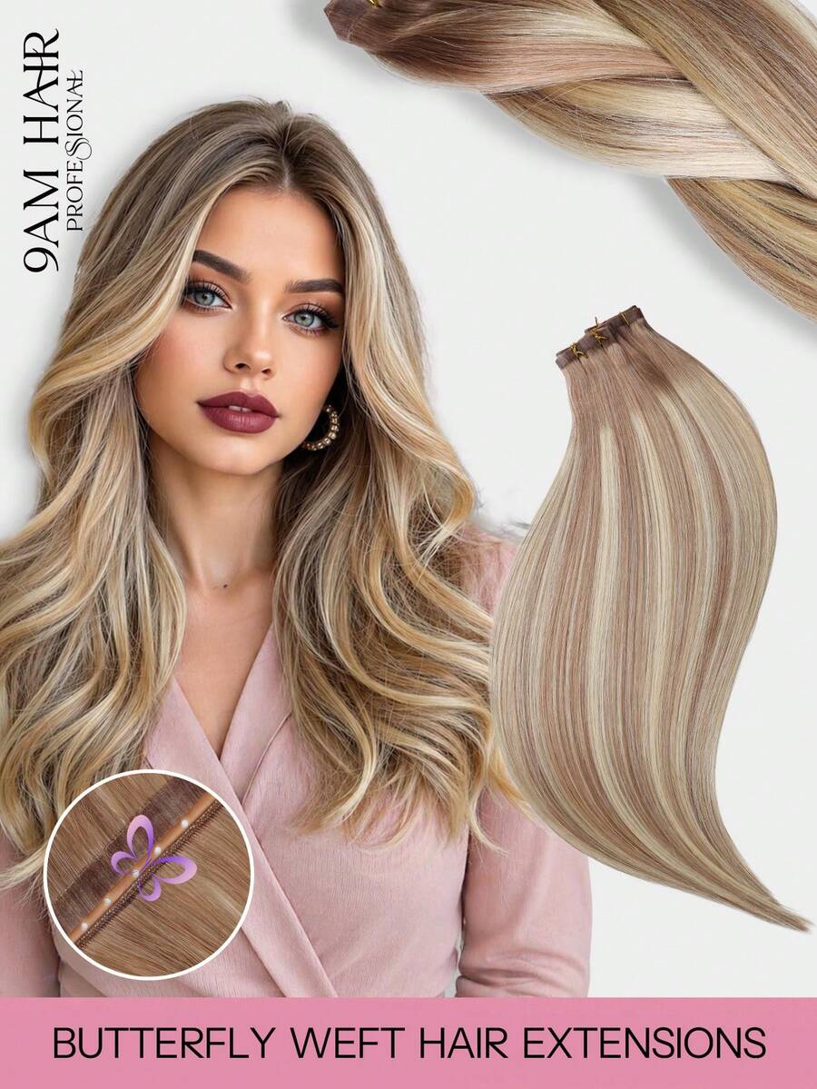 自然金blonde Balayage 蝴蝶髮束接髮 100% Remy 真人髮 不可見薄 PU 孔洞 Genius Weft 可裁剪 不糾結 輕量 縫接 微珠接髮 柔軟直髮 陽光吻痕挑染髮束 全長可選