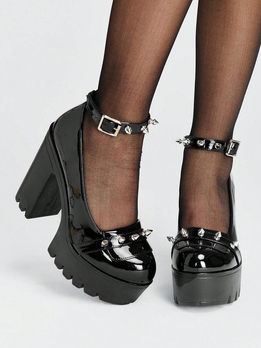 ROMWE Grunge Punk Ladies Sexy Platform Heels Fashion Solid Color Buckle Decorative Rivet Adjustable Buckle Holiday Party Travel Dating Mary Jane Women's Shoes - Bright black - View 1