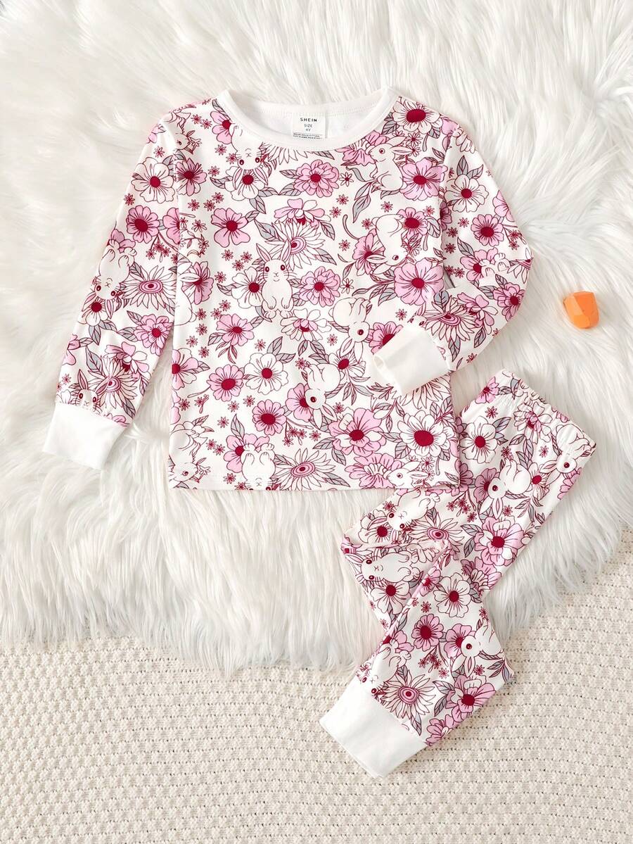 SHEIN 女童休閒簡約花卉兔圖案修身舒適圓領短袖長褲家居服套裝,適合春夏秋冬穿搭 - 彩色 - 查看 1