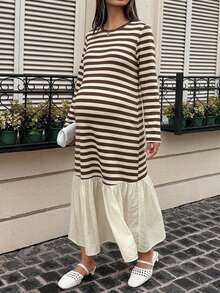 DAZY Contrast Color Patchwork Round Neck Casual Loose Short Sleeve Long Maternity Dress For Spring And Summer - Navy Blue - View 4