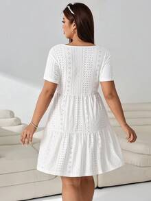 Solflare White Plus Size Women's Hollow Embroidery Short Sleeve Ruffle Hem Casual Boho Bohemian Dress Dinner Vacation Summer - White - View 2