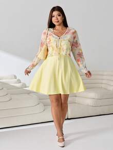 Solflare Conjunto de 2 piezas para mujer talla grande, vestido camisola de color liso y cárdigan con estampado floral, estilo casual, elegante, lindo y de hada, para uso diario y vacaciones, blanco y amarillo mantequilla, otoño - Multicolor - Ver 6