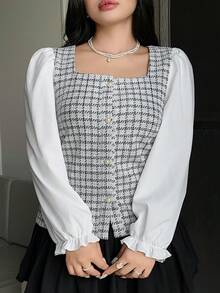 Dazy Plus Blusa elegante de talla grande con bloques de color, patchwork y puños acampanados para primavera, verano y otoño - Gris - Ver 2