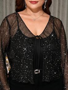 SHEIN Clasi Plus Size Fashion Glitter Sheer Lace-Up Jacket - Black - View 9