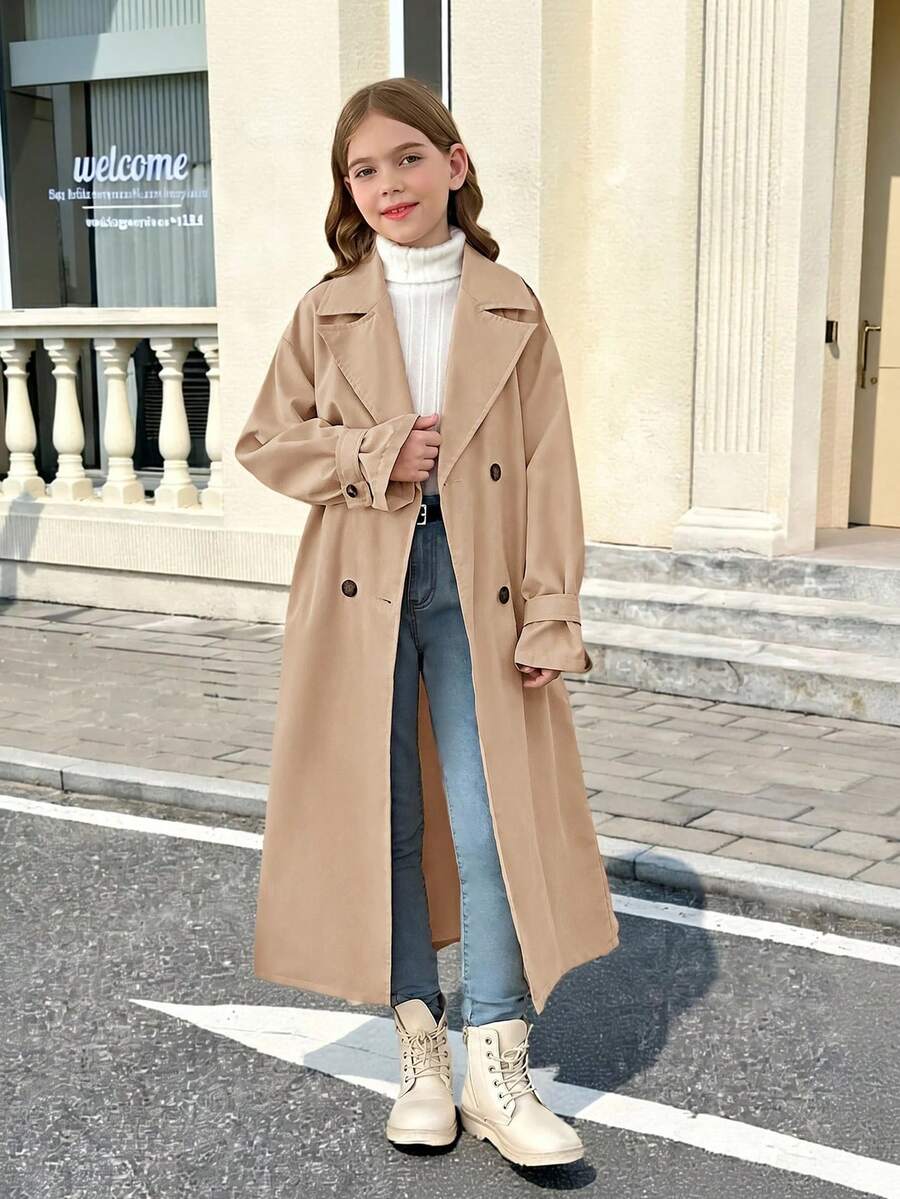 SHEIN Tween女孩編織雙排扣翻領寬鬆長版風衣，休閒學院風，通勤街頭穿搭，返校假期穿搭，卡其色，秋季 - 卡其色 - 查看 1
