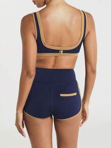 11SKNDS High Waist Booty Shorts With Contrast Gold Trim Piping And Back Pocket, Compression Fit Mini Short For Running Yoga Festival, Training & Hy-Rox - Blue - View 5