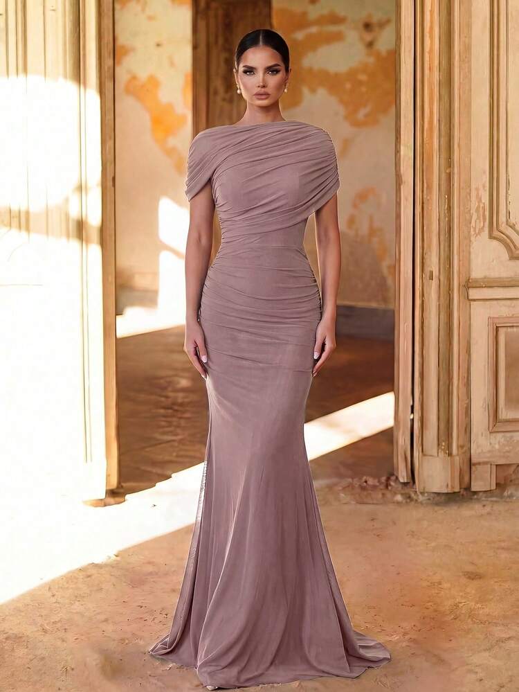 chiffon mermaid bridesmaid dresses Aureia Elegant Classy Luxurious Cape Sleeve Pleated Dress Evening Ninang Wedding Party Dinner Wedding Guest Taupe Spring Made To Order Sizes:AU 3XL/18 (+$70.00) these dresses help create Fuji DUSK BLUE blue dress elegant Simple