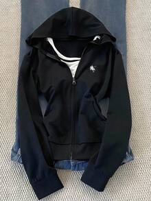 Girlism 兒童青少年女孩秋冬新款基礎街頭風休閒黑色純色針織小Logo刺繡圖案拉鍊連帽修身運動外套，返校季 - 黑色 - 查看 3
