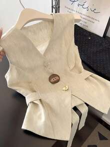 DAZY V-Neck Sleeveless Fitted Beige Linen Fabric Button Decor Waist-Cinching Women's Vest Summer - Khaki - View 1