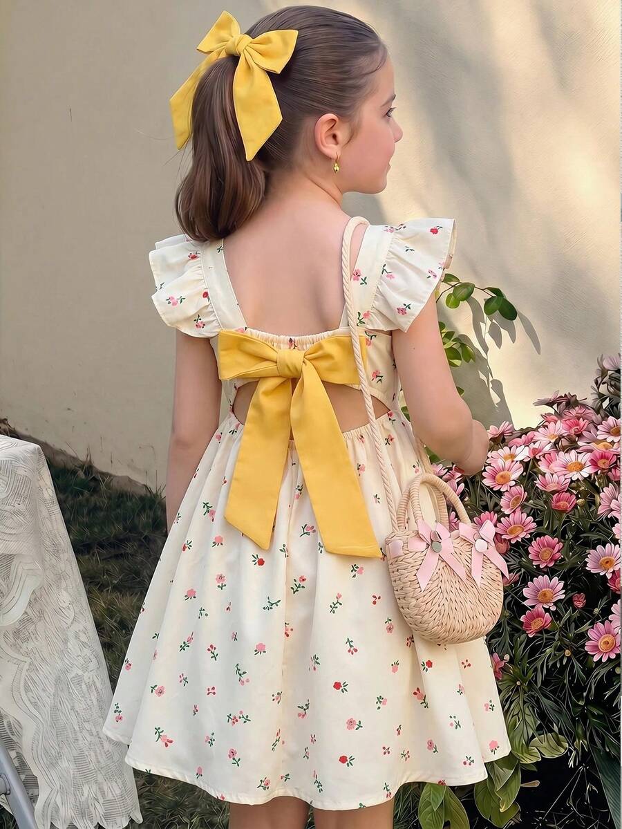 SHEIN LMoss Kids 少女黃色碎花印花度假風可愛度假洋裝,黃色蝴蝶結夏季可愛度假生日洋裝 - 黃色 - 查看 1