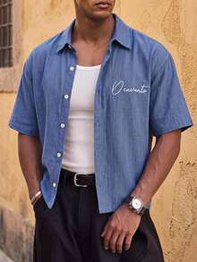 Ocevento Men's Checkered Camp Collar Shirt In Earthy Blue White. Relaxed Fit, Fabric. Layer Over Tanks Or Button Up For Vintage Tropical Summer Style. Vacation - Dark Wash - View 1