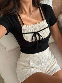 FRIFUL 2-In-1 Faux Layered Contrast Color Pleated Drawstring Tie Slim Fit Flattering Casual Versatile T-Shirt - Black - View 1
