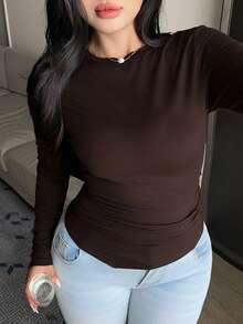 Dazy Plus Kaos Lengan Panjang Warna Polos, Pas Badan, Desain Asimetris, Slim Warna Cokelat untuk Musim Semi, Musim Panas, dan Musim Gugur - Coklat - View 6