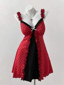 Sunspun Plus Size Fashion Minimalist Sexy Style Ruffle Lace Polka Dot Bowknot Dress - Red - View 4