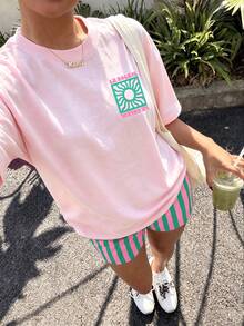 青少年女孩休閒簡約寬鬆圓領短袖T恤與寬鬆短褲兩件套，適合春夏穿著 - 白色 - 查看 6