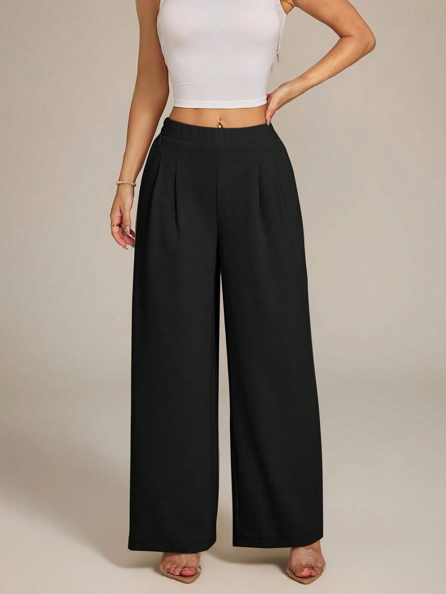 SHEIN PETITE Women's High-Waist Solid Color Pleated Wide Leg Loose Basic Casual Pants Autumn Work Office Black - Black - View 1