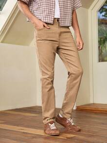 Whitmere Jeans da uomo color cachi tinta unita, con bottoni, tasche, cerniera, adatti per tutte le stagioni, pantaloni in denim, casual, comodi, versatili, per uso quotidiano, regalo per padre/marito - Cachi - Visualizzare 1