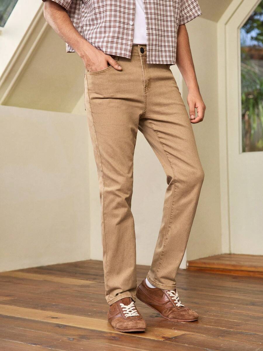 Whitmere Jeans da uomo color cachi tinta unita, con bottoni, tasche, cerniera, adatti per tutte le stagioni, pantaloni in denim, casual, comodi, versatili, per uso quotidiano, regalo per padre/marito - Cachi - Visualizzare 1