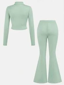 SHEIN Girlism NovaGlow 青少年女孩運動休閒日常針織素色開襟外套與喇叭長褲套裝 - 薄荷綠 - 查看 2