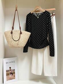 Tseoso Women's Polka Dot Casual Vintage Versatile Daily Long Sleeve T-Shirt Office Black And White Polka Dot Autumn - Black - View 5