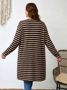 SHEIN LUNE 大尺碼條紋羅紋針織外套 春秋冬款 假日保暖 新年女款 商務休閒 - 棕色 - 查看 2