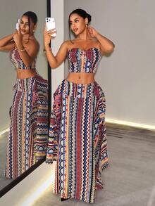 BamGleam Women's All-Over Print Tie-Up Design Bandeau Top Skirt Boho Tropical Two Pieces Set Vacation Navy Blue Gold Summer Night Out - Multicolor - View 2