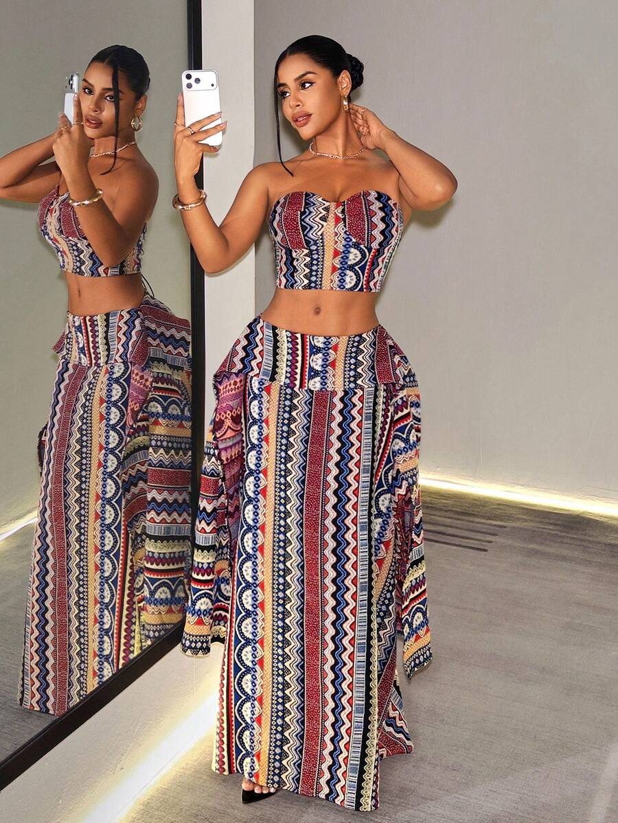 BamGleam Women's All-Over Print Tie-Up Design Bandeau Top Skirt Boho Tropical Two Pieces Set Vacation Navy Blue Gold Summer Night Out