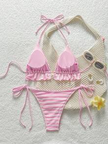 SHEIN Swim Women's Summer Beach Vacations Sweet & Cute Pink And White Striped Ruffled Bikini Set ,Two-Piece Open-Back Halter-Neck Bikini Set With Tie-Back Detail - Pink - View 3