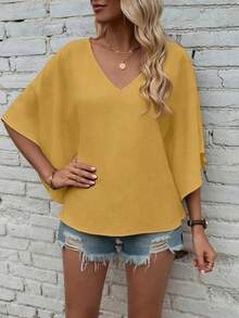 EMERY ROSE Áo sơ mi tay ngắn cổ chữ V màu trơn, dáng rộng, thoải mái, thích hợp cho kỳ nghỉ. - Màu vàng - Xem 7