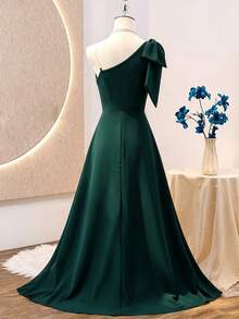 Gaun A-Line Tanpa Lengan Leher Asimetris Warna Hijau Tua Elegan untuk Kembali ke Sekolah, Berpinggang Tinggi, dengan Resleting, Cocok untuk Siswa SMA, Wisuda, Pesta Musim Gugur - Dark Green - View 3