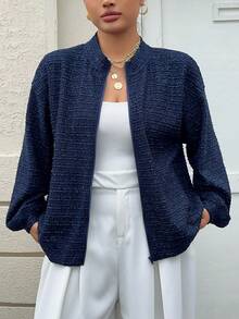 Dazy Plus Plus Size Knitted Jacquard Fabric Loose Long Sleeve Casual Street Style Blogger Spring Autumn Coat - Navy Blue - View 6