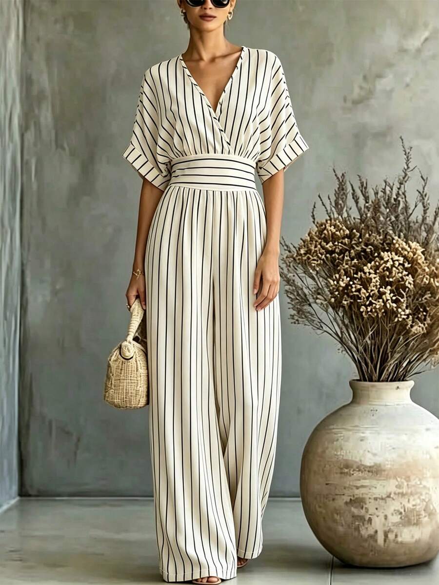 LUMIGAL European & American Fashion New Women's Clothing, Elegant Striped Waist-Cinched V-Neck Jumpsuit, Suitable For Daily Wear, Fashion Commute Outfit, Business Office Attire, Versatile Fashion Casual Wear, Urban Teacher Professional Outfit - Multicolor - View 1