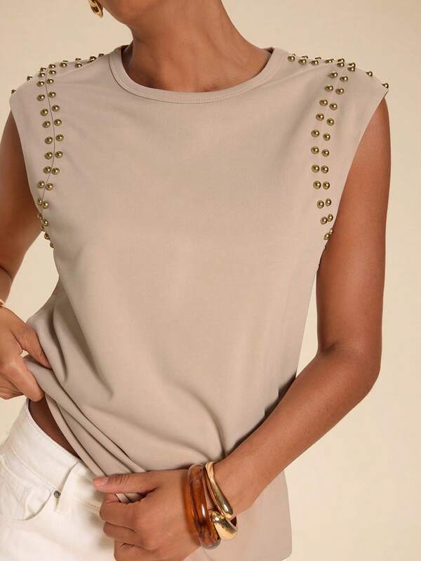 Travachic Women's Solid Color Beaded Design Round Neck Cap Sleeve T-Shirt