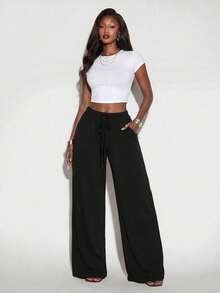 Normani 女款純色腰部綁帶口袋寬腿寬鬆休閒長褲 - 黑色 - 查看 9
