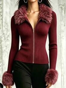 Trelyra Women's Red Fur Collar Front Zipper Slim Fit Jacket - Red - View 3