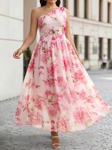 Velvienne Fashionable Elegant Light Pink Women's One-Shoulder Waist-Cinching A-Line Chiffon Printed Maxi Dress Plus Size - Pink - View 3