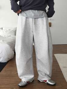 DAZY Spring/Autumn Small Loop Knit Sweatshirt Fabric Grey Knee Pleated Curved Leg Loose Waistband Drawstring Relaxed Fit Men's Pants - Grey - View 1