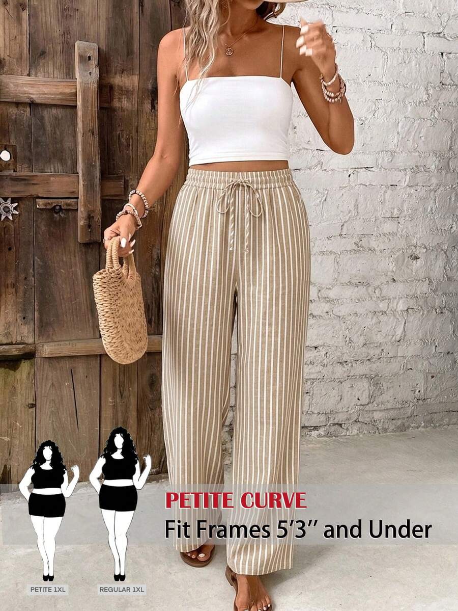 SHEIN PETITE CURVE Plus Size Casual Striped Pants For Vacation - Apricot - View 1