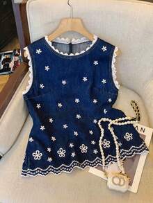 GlowEve 女款刺繡對比蕾絲圓領無袖牛仔上衣 - 藍色 - 查看 1
