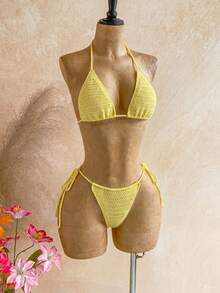 Soleia Women's Solid Color Halter Tie Sexy Tropical Boho Bikini With Triangle Panties And Sequin Fringe Design Dress Knit Set Beach Party Vacation Yellow - Yellow - View 5