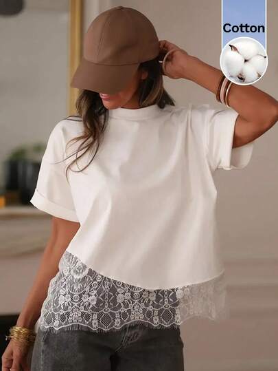 Serisse Women's Elegant White Cotton Round Neck Drop Shoulder Lace Trim Short Sleeve T-ShirtCasual Solid ColorSoftTee For Brunch, Vacation,Fall ,Going Out Top