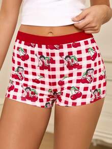 Betty Boop x SHEIN Women's Plaid Cherry Print Casual Everyday Hipster Panties - Red - View 9
