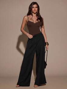 SHEIN BAE Women's Solid Color Contrast Lace Fashion Camisole Camisole - Coffee Brown - View 4