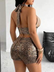 POPSWAY Ensemble sexy et décontracté pour femmes grandes tailles avec top plissé à col licou et short blocs de couleurs - Multicolore - Voir 2