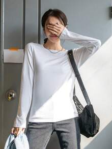 Dazy Tall 女款圓領長袖寬鬆版型基礎層內搭T恤 - 白色 - 查看 4