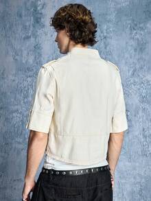 ROMWE MEN Casual Men's Solid Color Small Stand Collar Metal Button Shoulder Epaulette Decor Court Style Asymmetric Placket Half Sleeve Denim Shirt - White - View 7