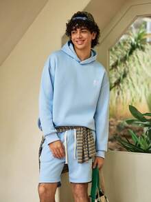 Whitmere Men's Light Blue Solid Hooded Long Sleeve Knit Loose Fit Hoodie Set, Fleece Lined, Casual, Drawstring, Ribbed, Pocket, Spring/Fall/Winter, Sweatsuit Gift For Father/ Husband - Baby Blue - View 6