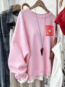 DrmWander Plus Size Casual Vacation Applique Letter Print Crew Neck Long Sleeve Sweatshirt - Pink - View 7